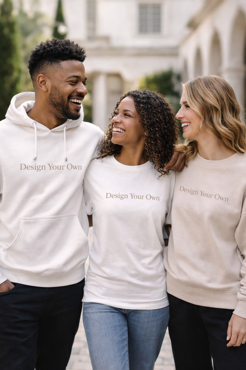 Group of friends wearing personalised Christian t-shirts, sweatshirt and hoodie with custom faith messages
