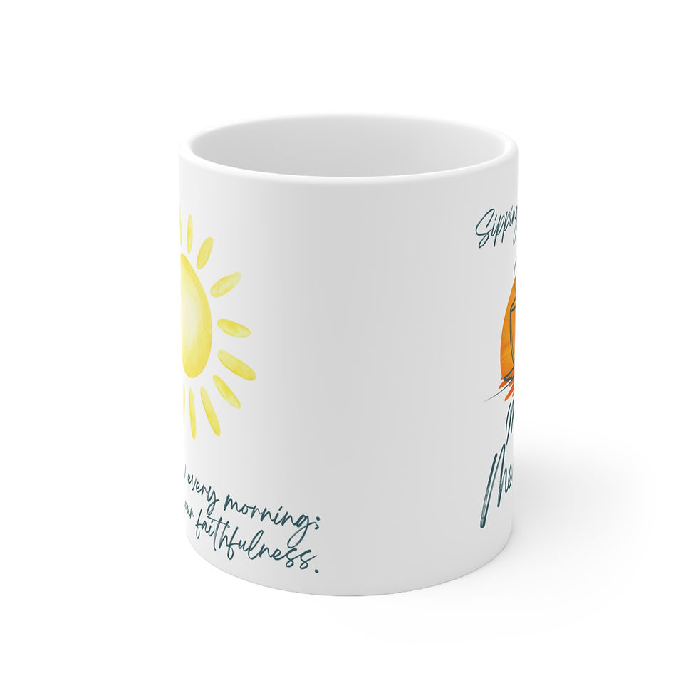 White Christian mug with sunshine illustration and encouraging Bible verse design