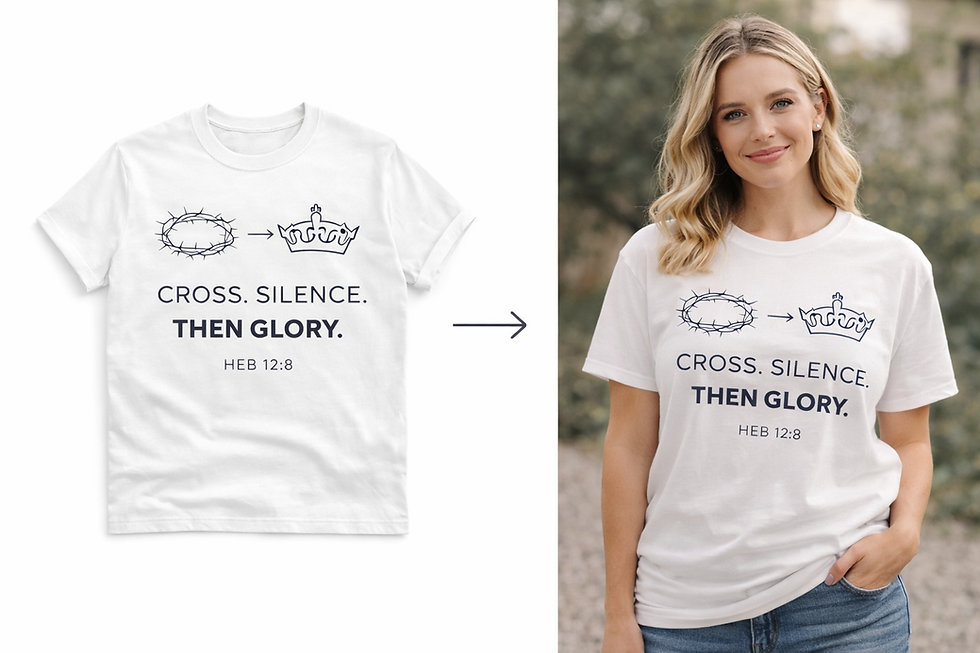 Close-up of Cross Silence Then Glory Christian t-shirt design with Hebrews 12:2 scripture”