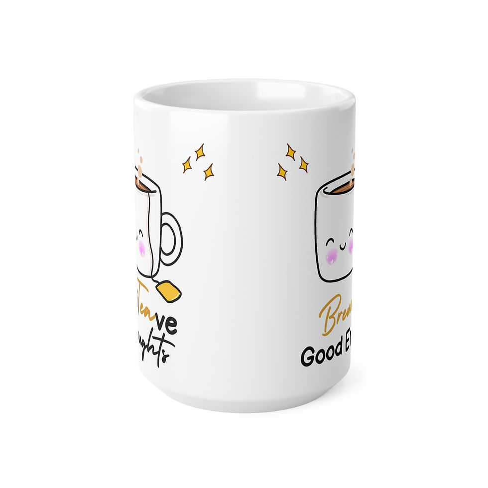 Thumbnail: Side view of White mug with cute tea illustration and “Positive Thoughts” message