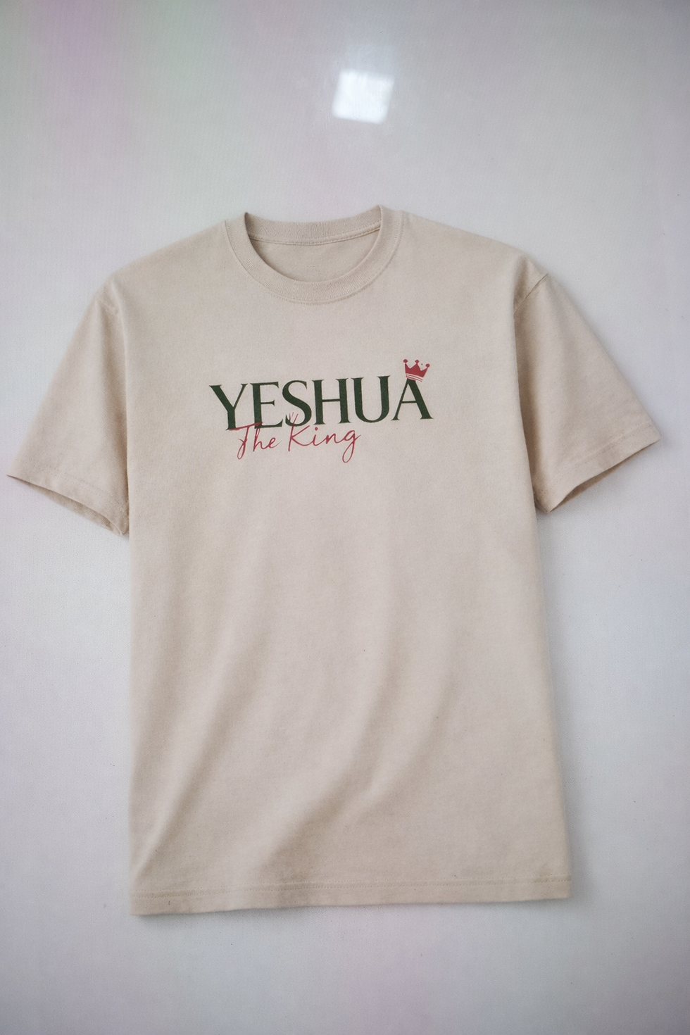 beige christian t shirt with “yeshua the king” text design