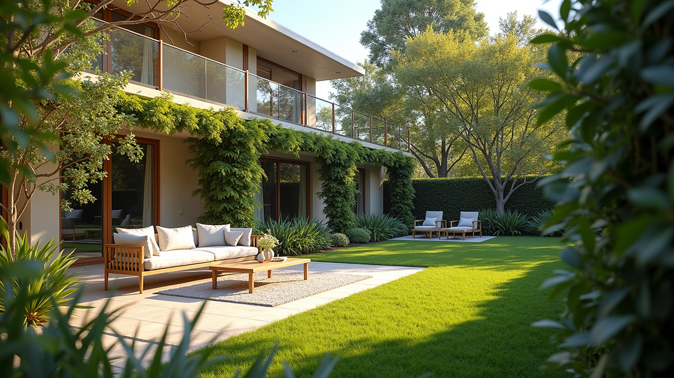 Wide angle view of a beautifully landscaped yard with a seating area
