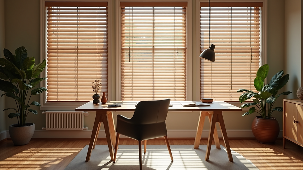 Close-up view of wooden Venetian blinds in a stylish workspace