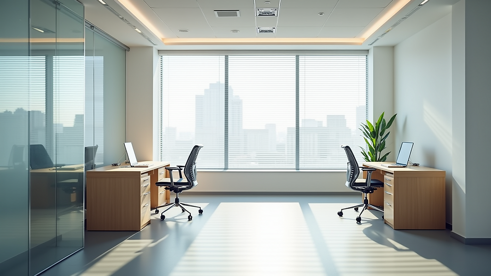 Eye-level view of modern blinds in a bright office space