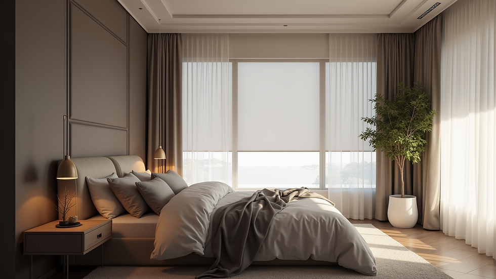 High angle view of a serene bedroom with blackout blinds