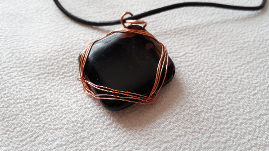 Copper wire wrapped black square bead necklace