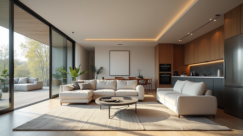 Eye-level view of modern living room with glass partition separating kitchen