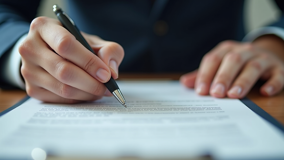 Close-up view of a contractor’s hands holding a detailed contract and pen