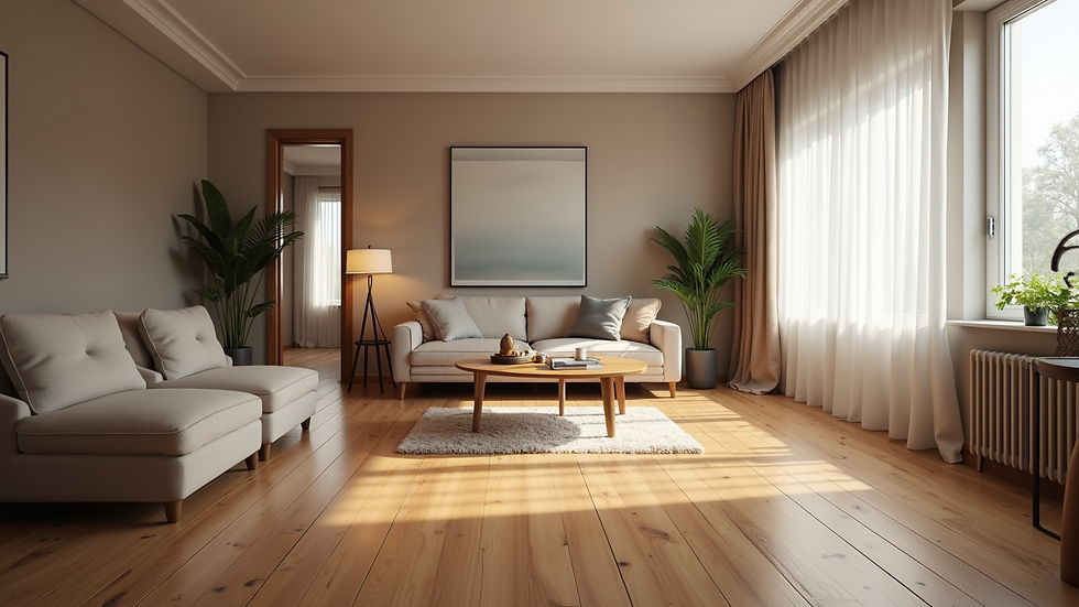 Wide angle view of a cozy living room with new hardwood floors and modern lighting