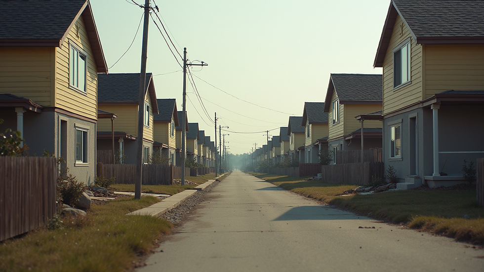 Eye-level view of a residential neighborhood with houses under renovation