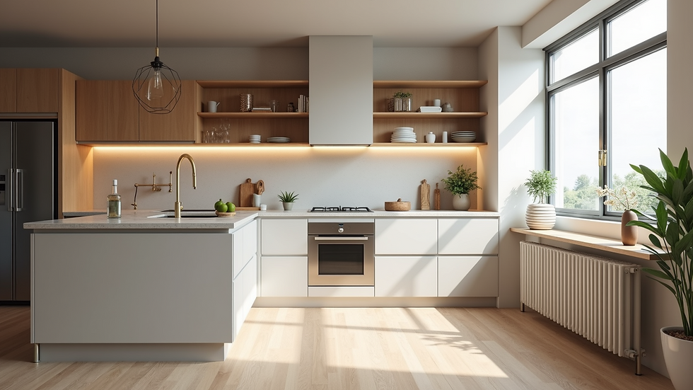 High angle view of a newly renovated kitchen with modern finishes