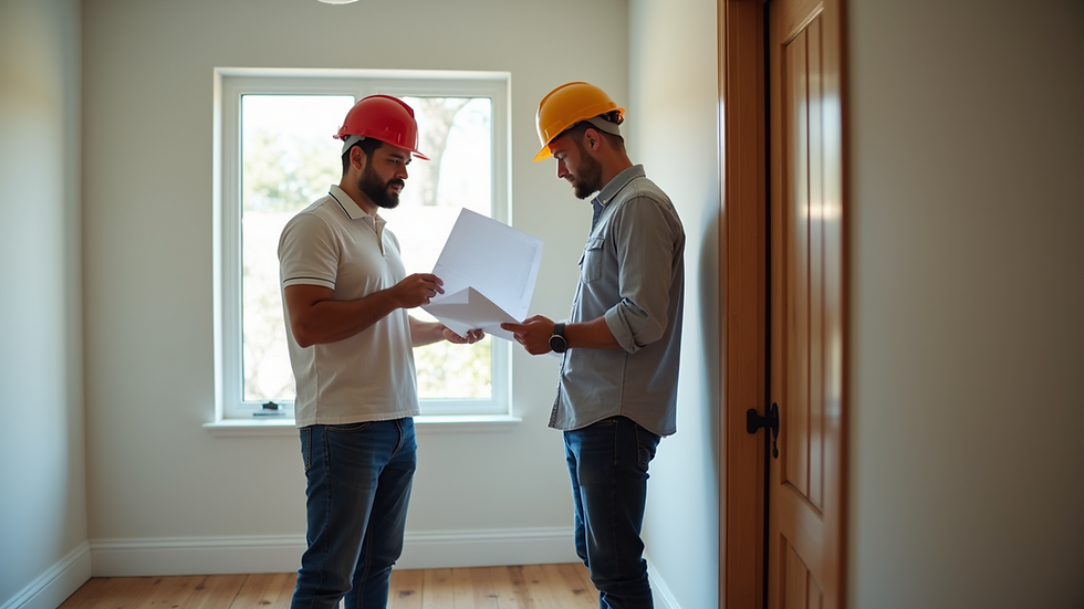 Wide angle view of a contractor discussing home remodeling plans with a homeowner