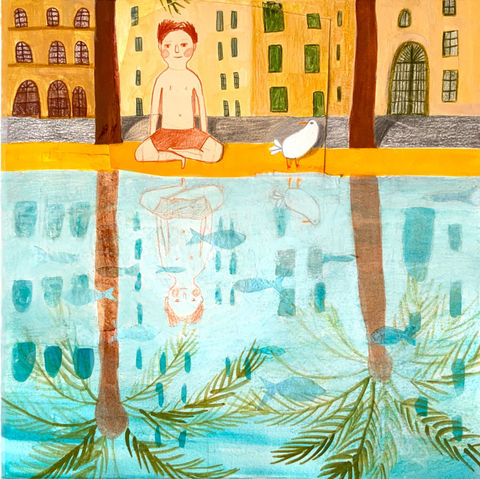 sea and city birds, a boy and fish, Barcelona