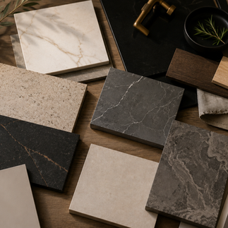 Sélection de matériaux et de textures pour concevoir une cuisine sur mesure haut de gamme avec pierre, bois et finitions décoratives.