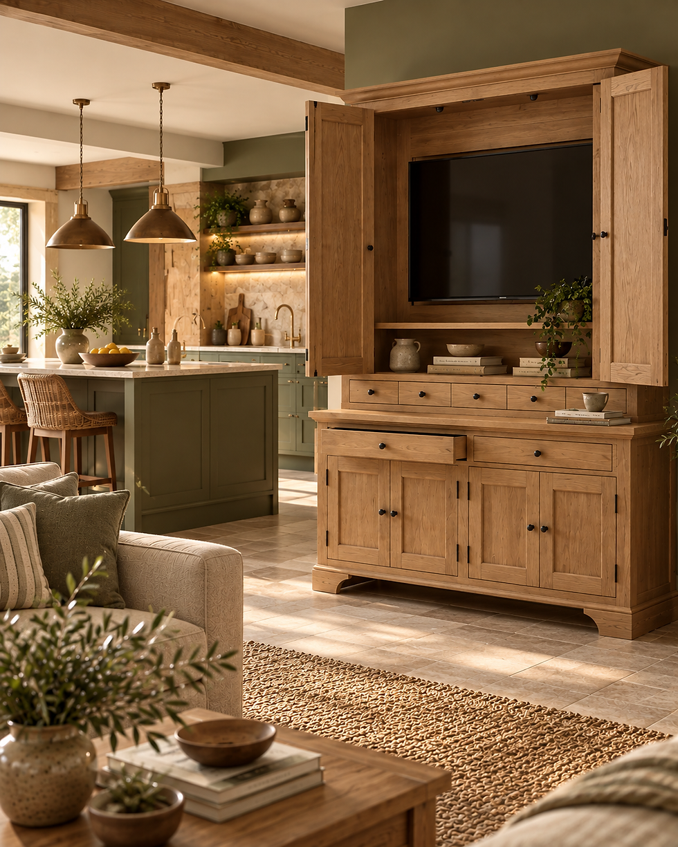 Meuble TV Henley de Neptune en chêne, portes ouvertes sur la télévision, intégré dans un intérieur avec cuisine vert sauge, bois naturel et décoration campagne chic.