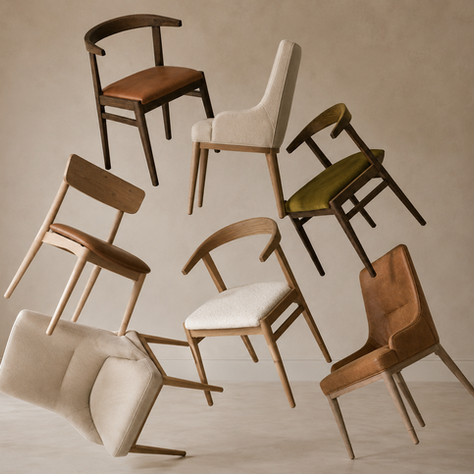 Composition contemporaine de chaises Neptune en bois, cuir et tissus, disposées en équilibre et en lévitation pour présenter les différentes silhouettes du mobilier Neptune.
