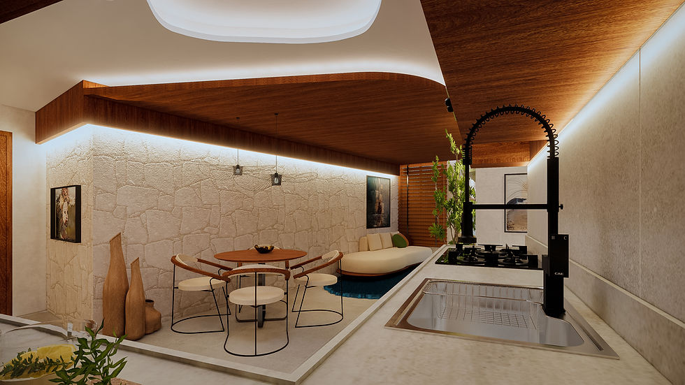 Projeto de apartamentocom estilo natural cheio de texturas e uma boa iluminação