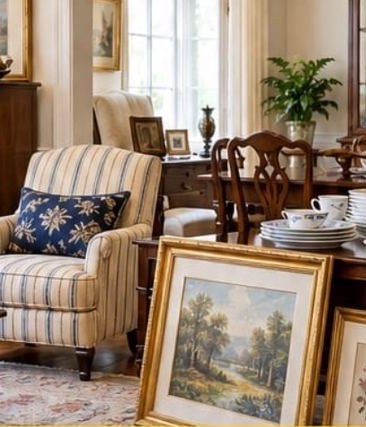 A furnished living and dining room with antique furniture, framed art, china and packed boxes, ready for a cleanout