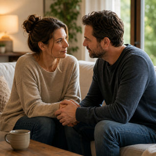Couple demonstrating how to repair after an argument by reconnecting through calm conversation, empathy, and trust.