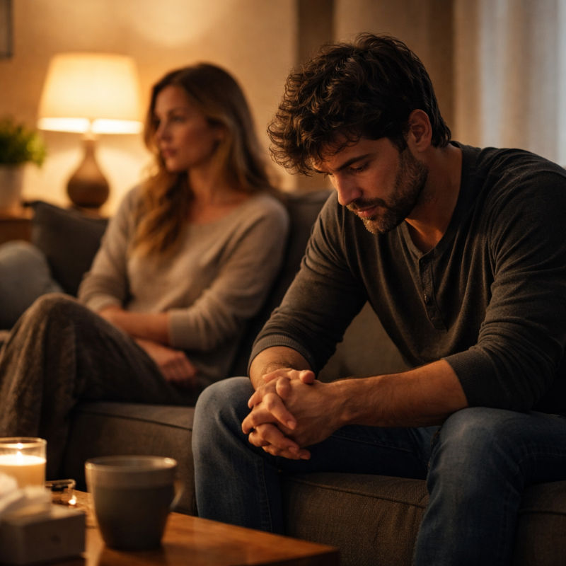 Couple sitting apart on couch with man looking down in distress, illustrating male depression and emotional disconnection in relationships