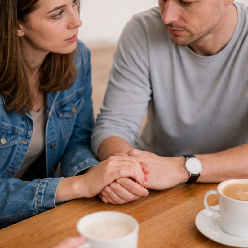 Couple having a serious relationship conversation, with one partner hesitant while the other offers support, representing emotional resistance and connection in couples therapy