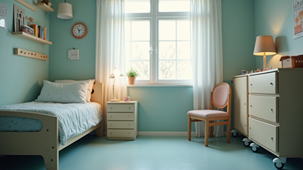 Close-up view of a child’s cozy bedroom with medical equipment neatly arranged