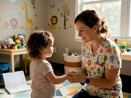Pediatric nurse comforting toddler patient in hospital room
