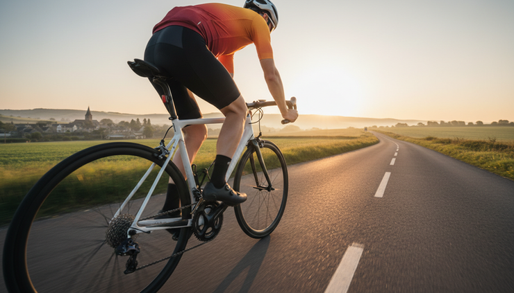 Wide-angle view of a cyclist riding on a quiet road with a power meter mounted on the bike.