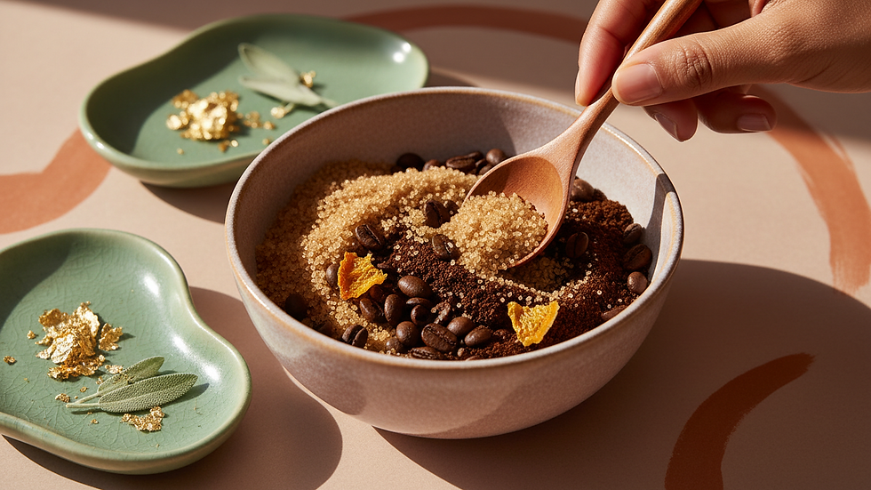 Close-up view of natural ingredients including sugar and coffee grounds in a bowl