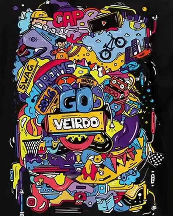 Thumbnail: Veirdo Men's Oversized Cotton Graphic Print Black Crew Neck T-Shirt with Chest P