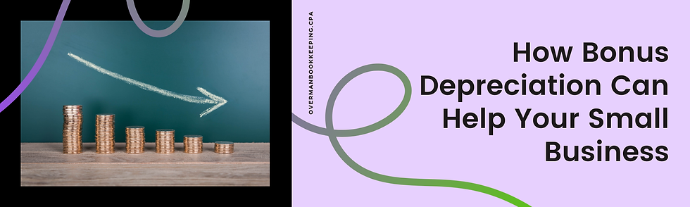 Article cover image with the title “How Bonus Depreciation Can Help Your Small Business” on a lavender background. On the left side, there's a photo of stacked coins decreasing in height from left to right, with a chalk-drawn arrow pointing downward, symbolizing depreciation. Curved lines in green and purple decorate the background. The website www.overmanbookkeeping.cpa is written vertically along the edge.