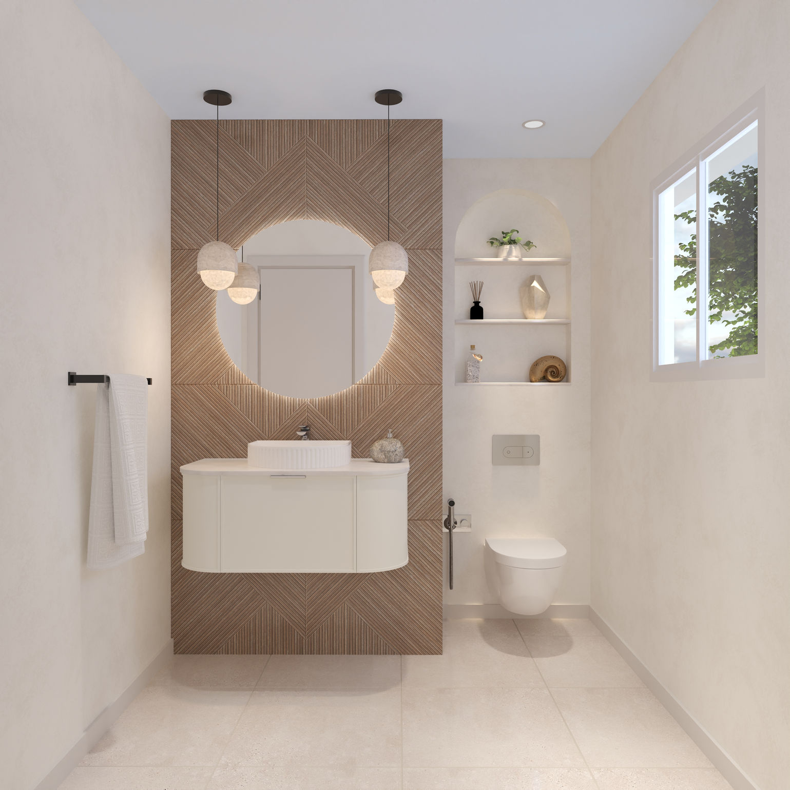 Contemporary bathroom with chevron wood accent wall, floating vanity, arched shelves, and sleek fixtures.