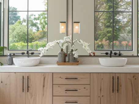 View of a double vanity with basin sinks, two large mirrors, matte black accents and a floral arrangement centered between the sinks.