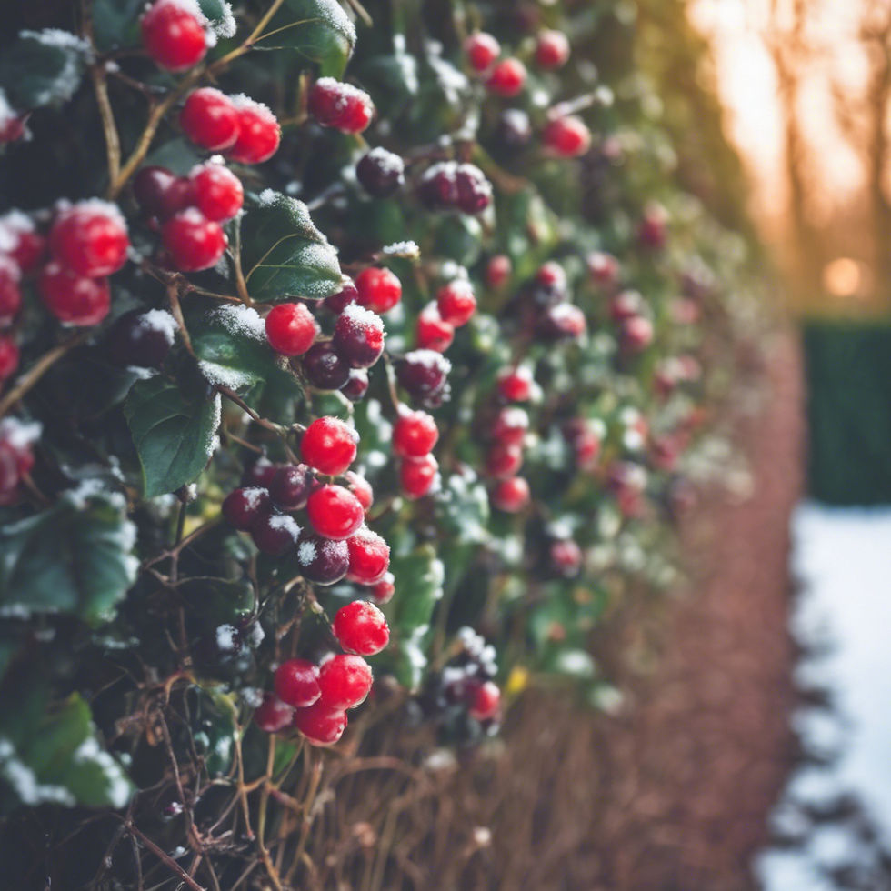 Eye-level view of a garden hedgerow with seasonal blooms