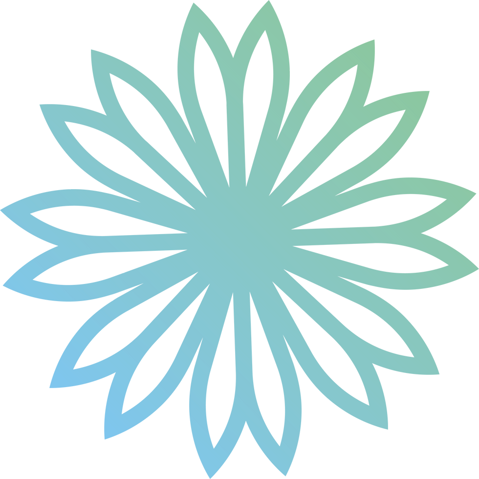 Stylized flower pattern with blue and green gradient petals on a white background. The design radiates a calming and soothing mood.
