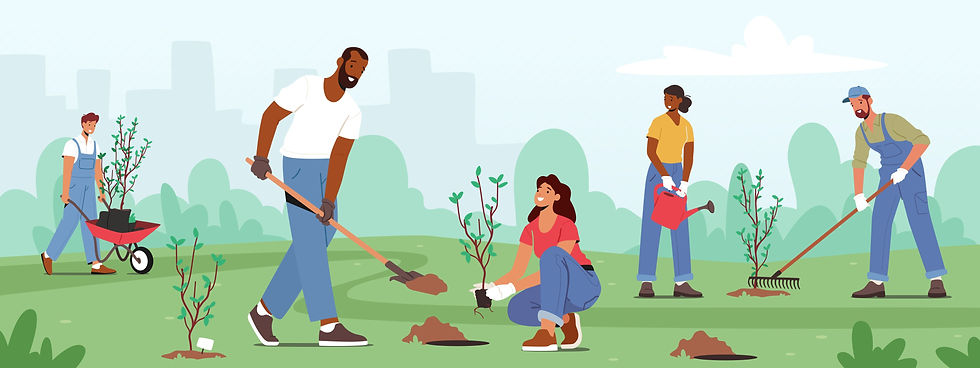 Five people gardening in a park, planting trees and using tools. Greenery and cityscape in background. Bright, cheerful mood.