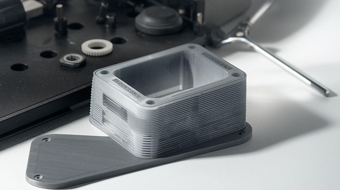 Professional product photography of an FDM 3D printed part, _visible layer lines on a func