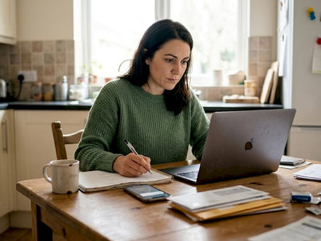 Business owner reviews social ad analytics in kitchen