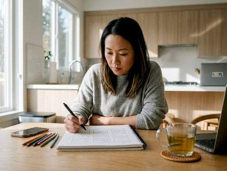 Designer sketching mobile-first wireframes at desk