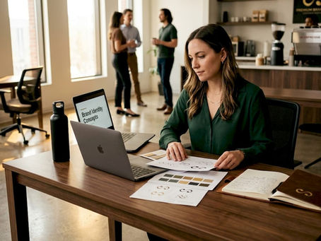 Business owner reviewing brand identity sketches