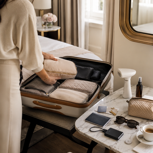 an elevated editorial lifestyle photo for a luxury travel and style website blog post called “The Quiet Heroes of Packing.” chic, packing scene in a sunlit boutique hotel room or r, focused on small travel essentials that make a trip feel organized and polished. in-progress packing with depth and movement. open carry-on suitcase on upholstered bench, with neatly filled packing cubes inside, a few folded neutral clothing pieces, and a stylish woman partially visible from behind as she places a packing cube into the suitcase. Nearby on a marble desk, a mini travel steamer, wrinkle-release spray, portable charger with a short cord, an AirTag, a passport, sunglasses, and a small zip pouch.