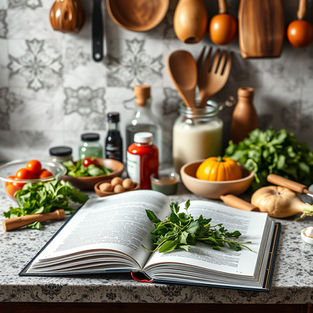 italian cookbook on counter surrounded by authentic italian ingredients