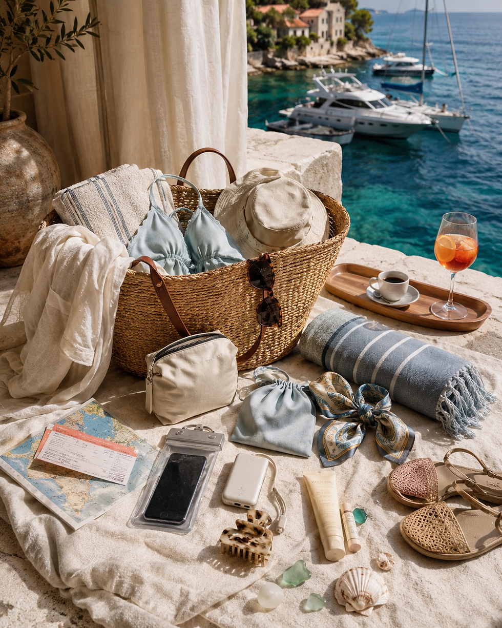 Beachside travel flat lay with swimsuit, hat, bag, sandals, map, coffee and spritz overlooking yachts on turquoise water.