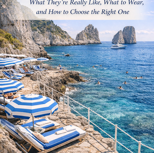 Capri beach club scene: striped umbrellas, rocky terraces, vivid blue water, and a view toward the Faraglioni
