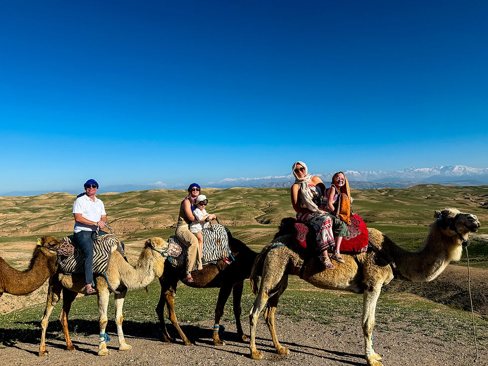 People riding camels in a desert landscape with green hills and snowy mountains. Clear blue sky, joyful mood, colorful attire on riders.