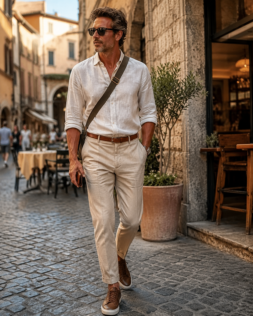 polishes man in vacation clothing in italy