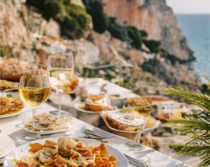 italian meal and wine overlooking the cliffs of Postiano