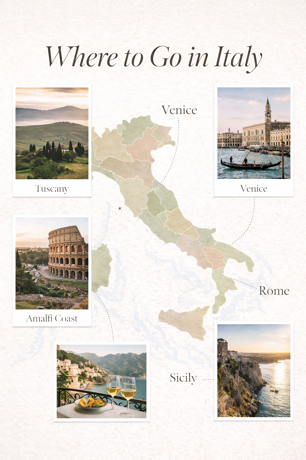 Map of Italy with photos: Tuscany, Venice canals, Rome's Colosseum, Amalfi Coast with wine, and Sicily. Text: "Where to Go in Italy."
