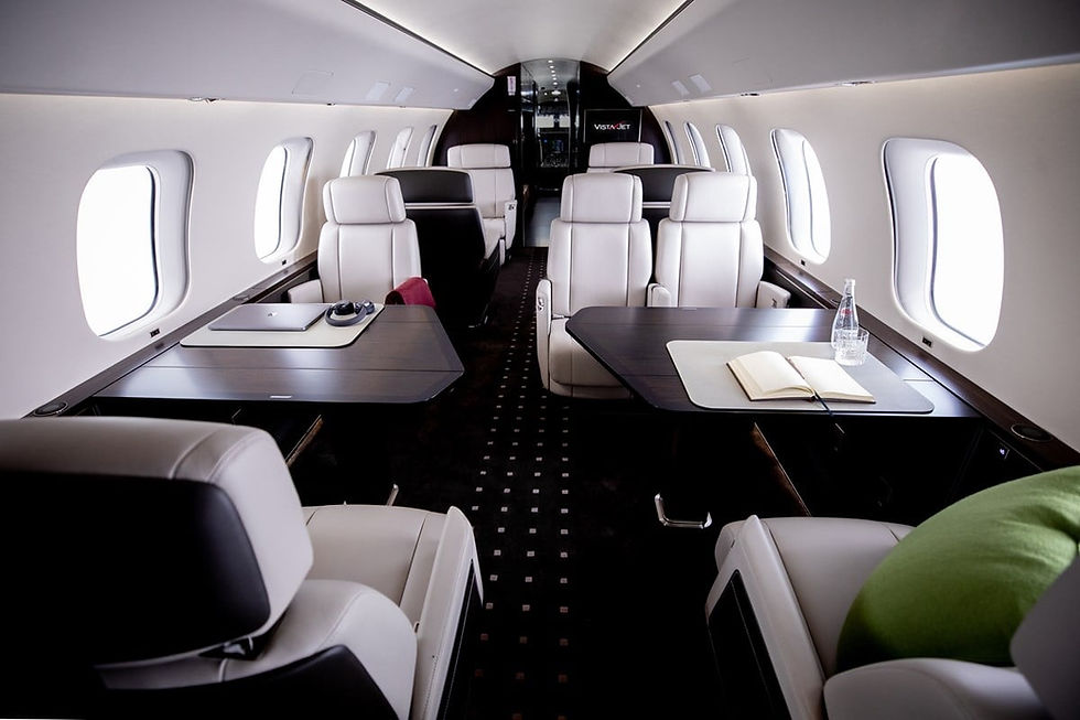 Interior of semi-private jet with spacious seating