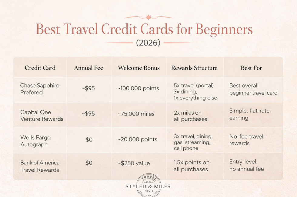 comparison chart of the best travel reward credit cards for beginners.